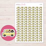 Yellow School Bus with Children Planner Stickers | I-10321 — 5 × 7 inch sheet and enlarged sticker detail