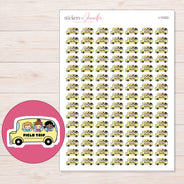 Yellow Field Trip Bus Planner Stickers | I-10322 — 5 × 7 inch sheet and enlarged sticker detail