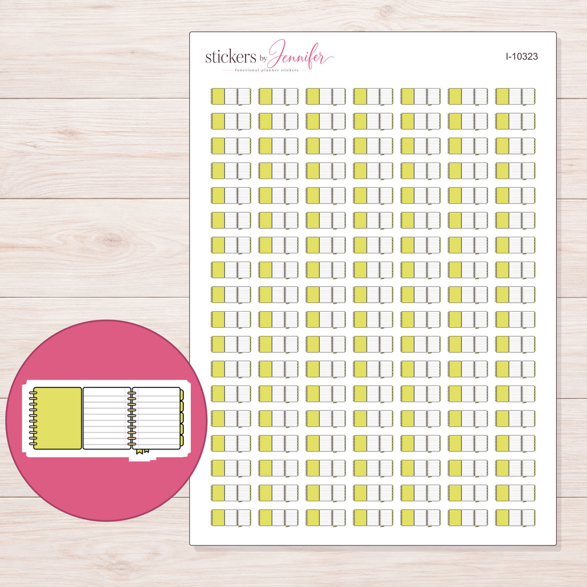 Yellow Foldout Planner Stickers | I-10323 — 5 × 7 inch sheet and enlarged sticker detail