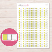 Yellow Foldout Planner Stickers | I-10323 — 5 × 7 inch sheet and enlarged sticker detail