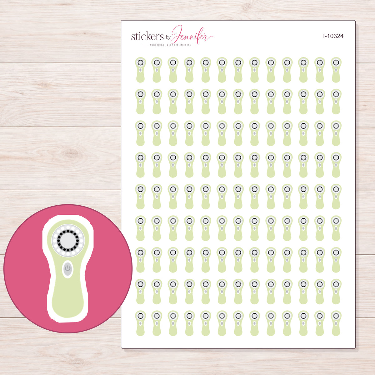 Pale Green Facial Brush Planner Stickers | I-10324 — 5 × 7 inch sheet and enlarged sticker detail