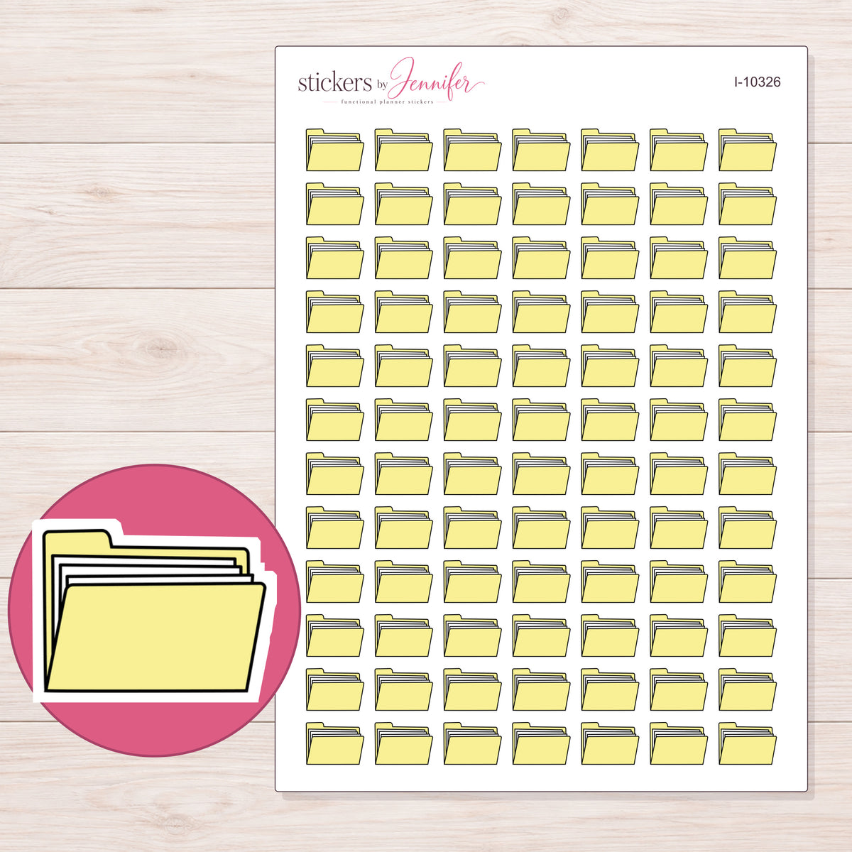 Yellow File Folder Planner Stickers | I-10326 — 5 × 7 inch sheet and enlarged sticker detail