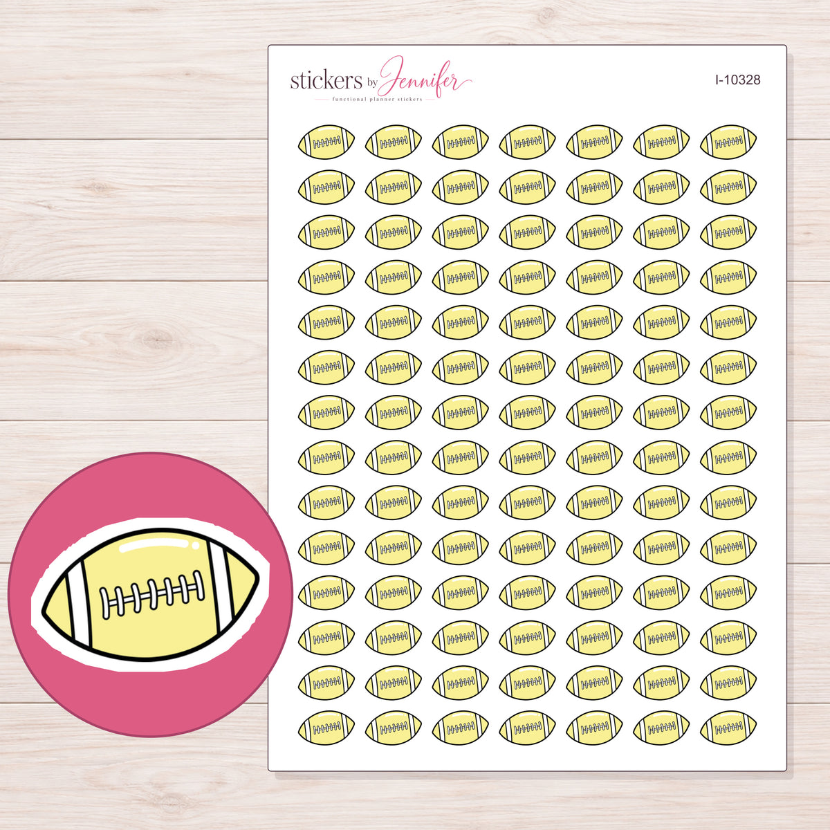 Yellow Football Planner Stickers | I-10328 — 5 × 7 inch sheet and enlarged sticker detail