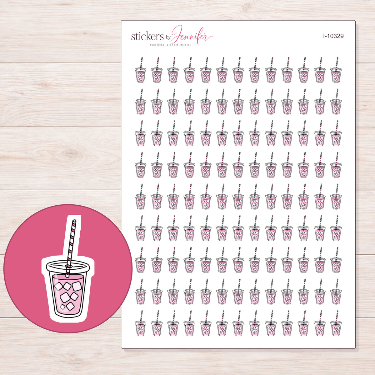 Pink Iced Tea Planner Stickers | I-10329 — 5 × 7 inch sheet and enlarged sticker detail