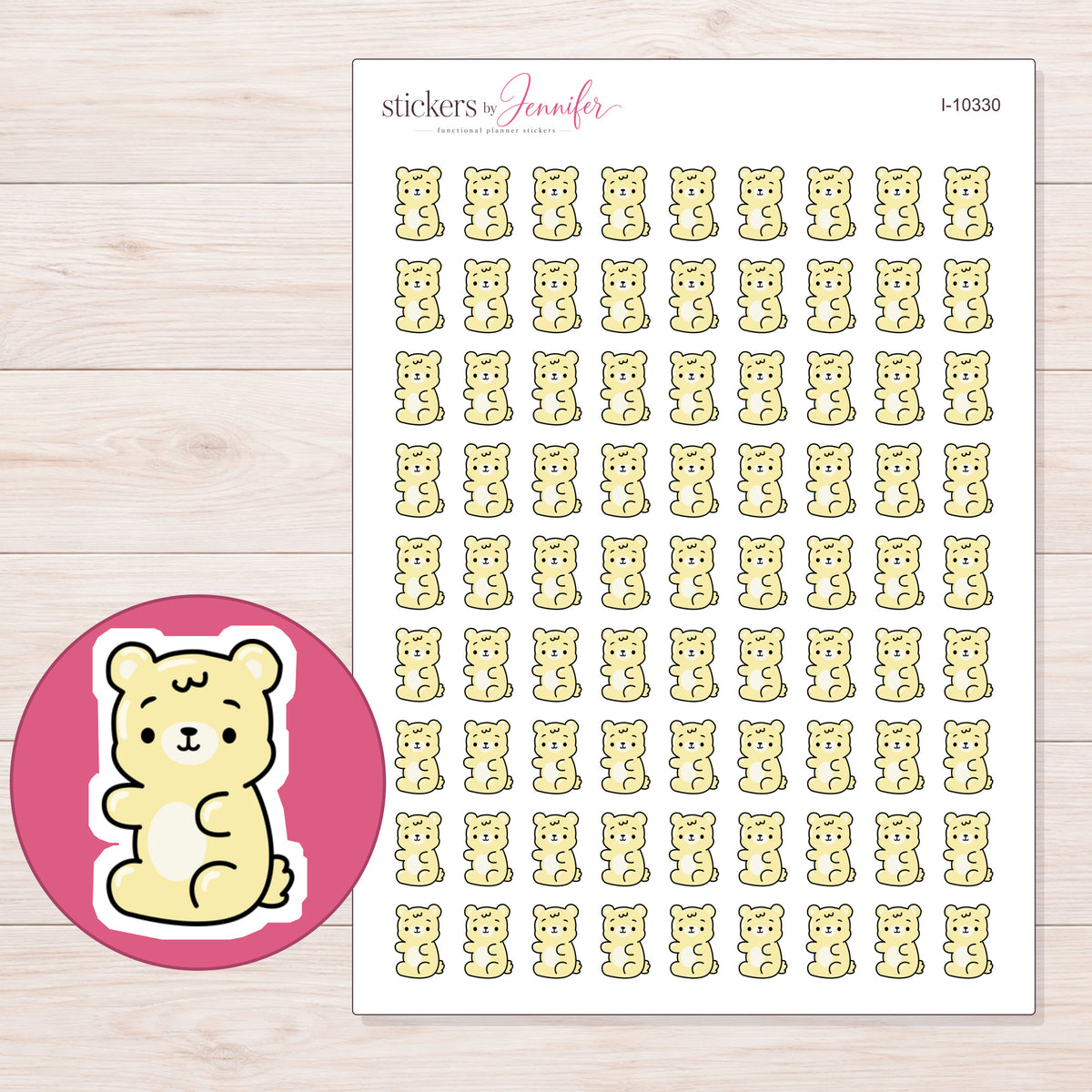 Pale Yellow Gummy Bear Planner Stickers | I-10330 — 5 × 7 inch sheet and enlarged sticker detail