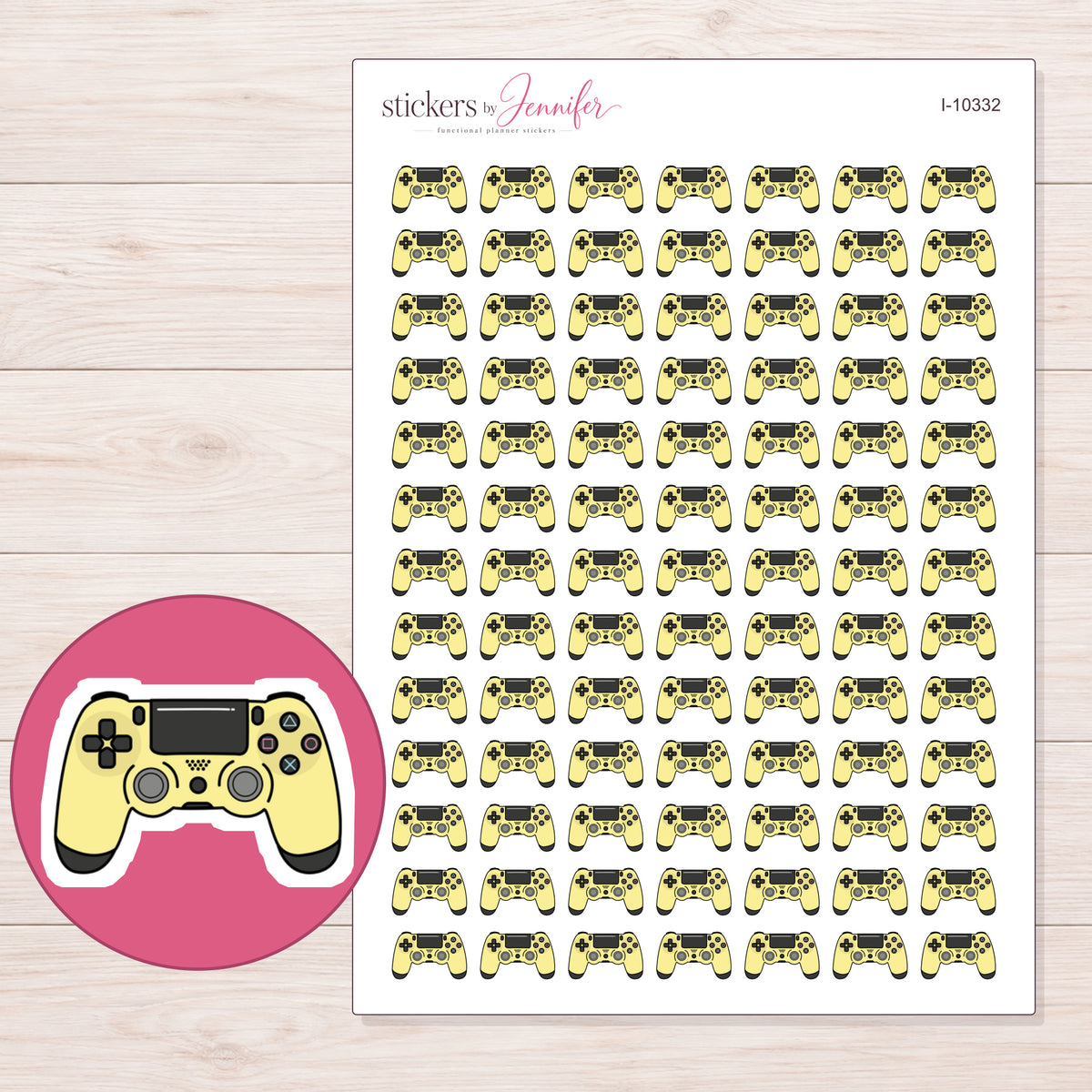 Yellow Game Controller Planner Stickers | I-10332 — 5 × 7 inch sheet and enlarged sticker detail