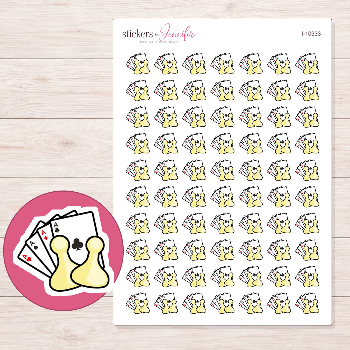 Yellow Game Night Pieces Planner Stickers | I-10333 — 5 × 7 inch sheet and enlarged sticker detail