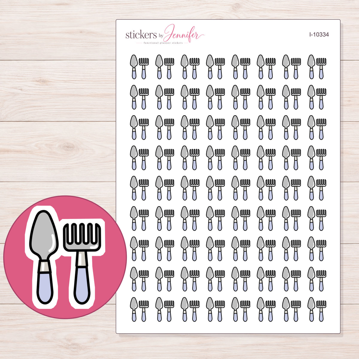 Gray Garden Hand Tools Planner Stickers | I-10334 — 5 × 7 inch sheet and enlarged sticker detail