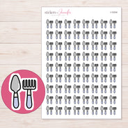 Gray Garden Hand Tools Planner Stickers | I-10334 — 5 × 7 inch sheet and enlarged sticker detail