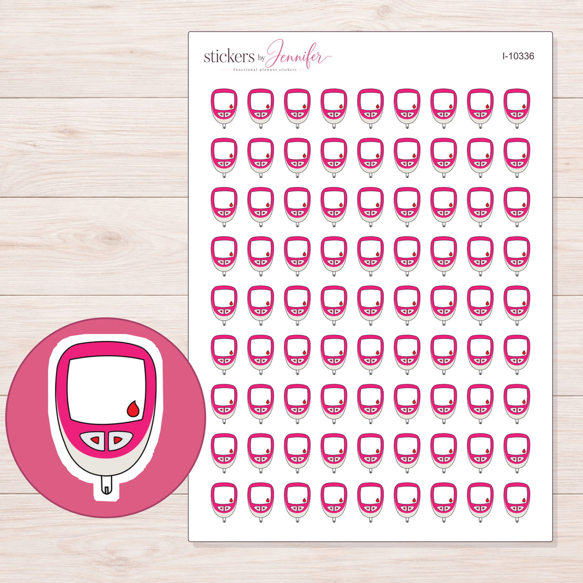 Pink Glucose Meter Planner Stickers | I-10336 — 5 × 7 inch sheet and enlarged sticker detail