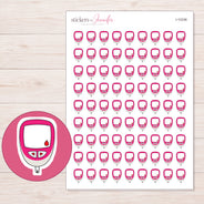Pink Glucose Meter Planner Stickers | I-10336 — 5 × 7 inch sheet and enlarged sticker detail