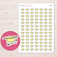 Yellow Graduation Cap Planner Stickers | I-10338 — 5 × 7 inch sheet and enlarged sticker detail