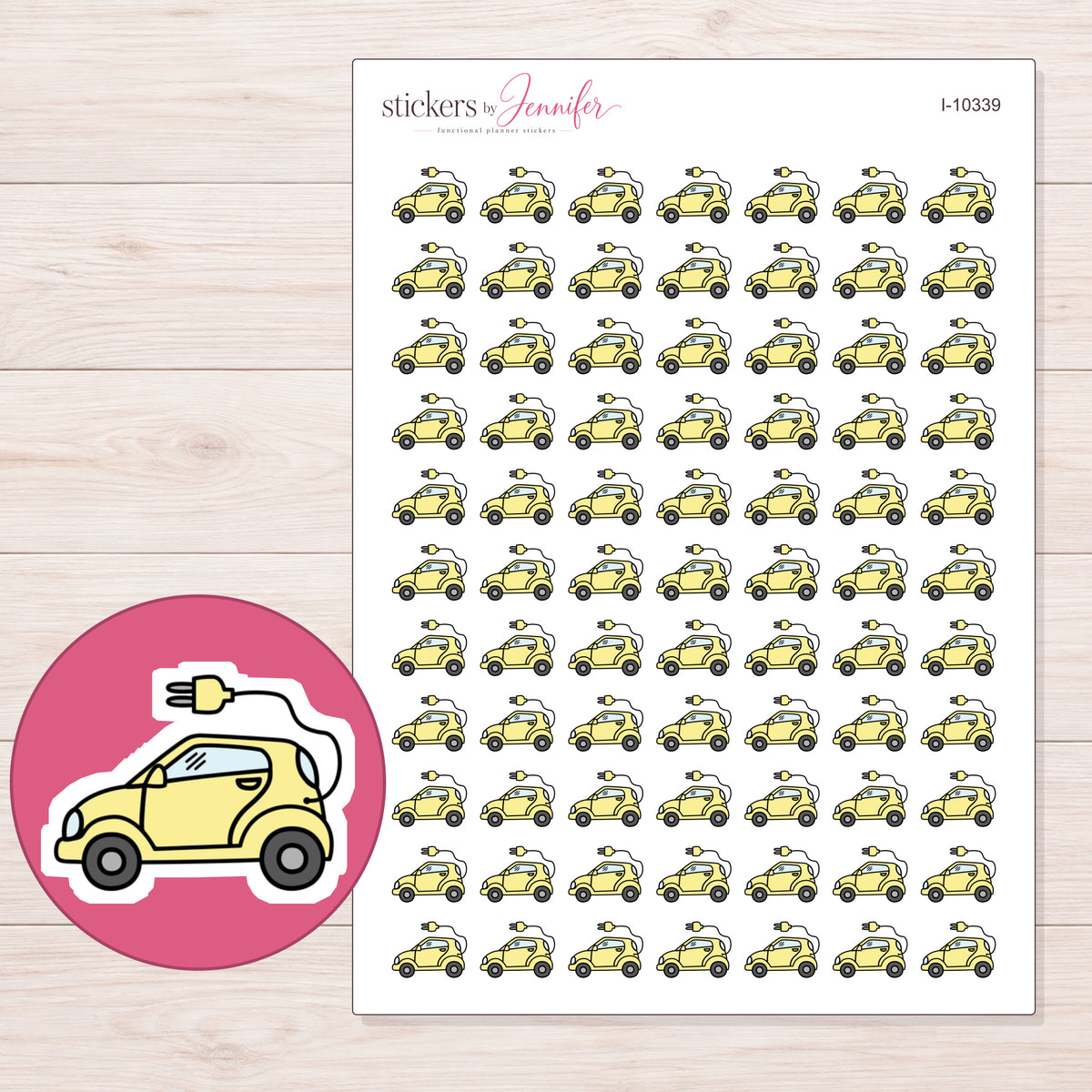 Yellow Electric Car Planner Stickers | I-10339 — 5 × 7 inch sheet and enlarged sticker detail