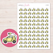 Yellow Electric Car Planner Stickers | I-10339 — 5 × 7 inch sheet and enlarged sticker detail