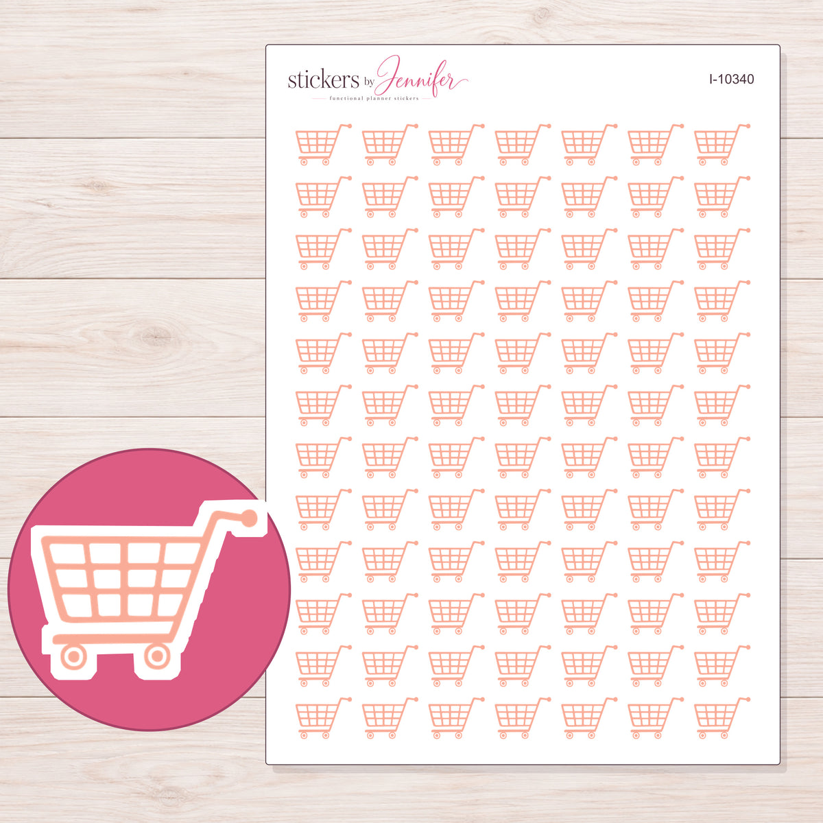 Peach Grocery Cart Planner Stickers | I-10340 — 5 × 7 inch sheet and enlarged sticker detail