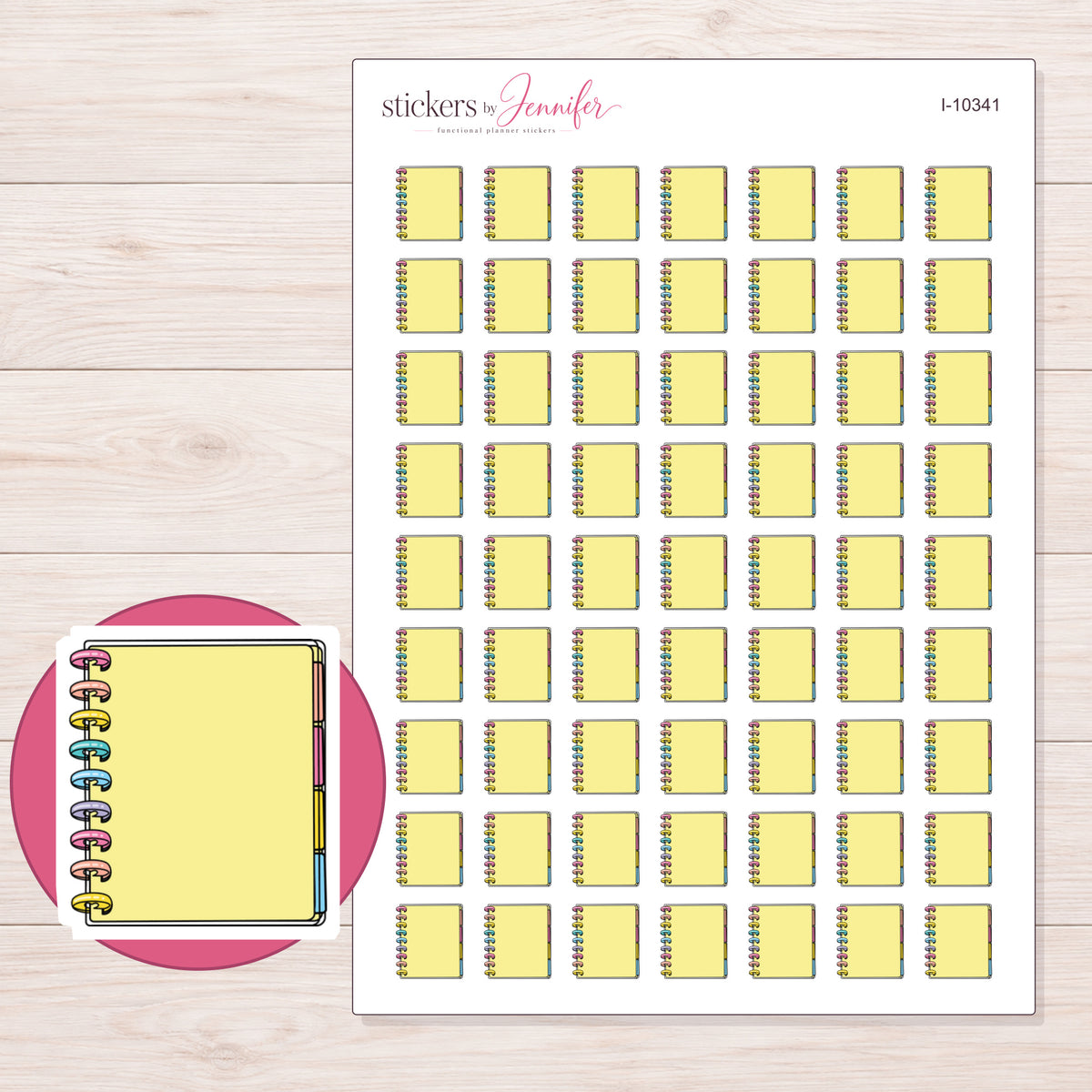 Yellow Disc Bound Planner Stickers | I-10341 — 5 × 7 inch sheet and enlarged sticker detail