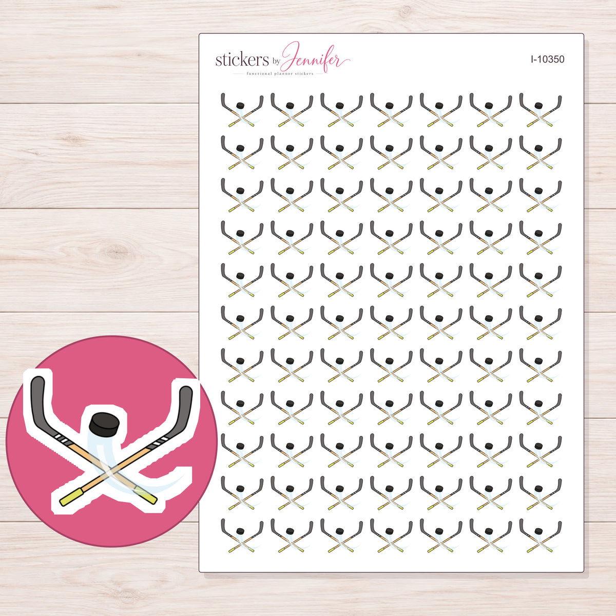 Hockey Sticks and Puck Planner Stickers | I-10350 — 5 × 7 inch sheet and enlarged sticker detail