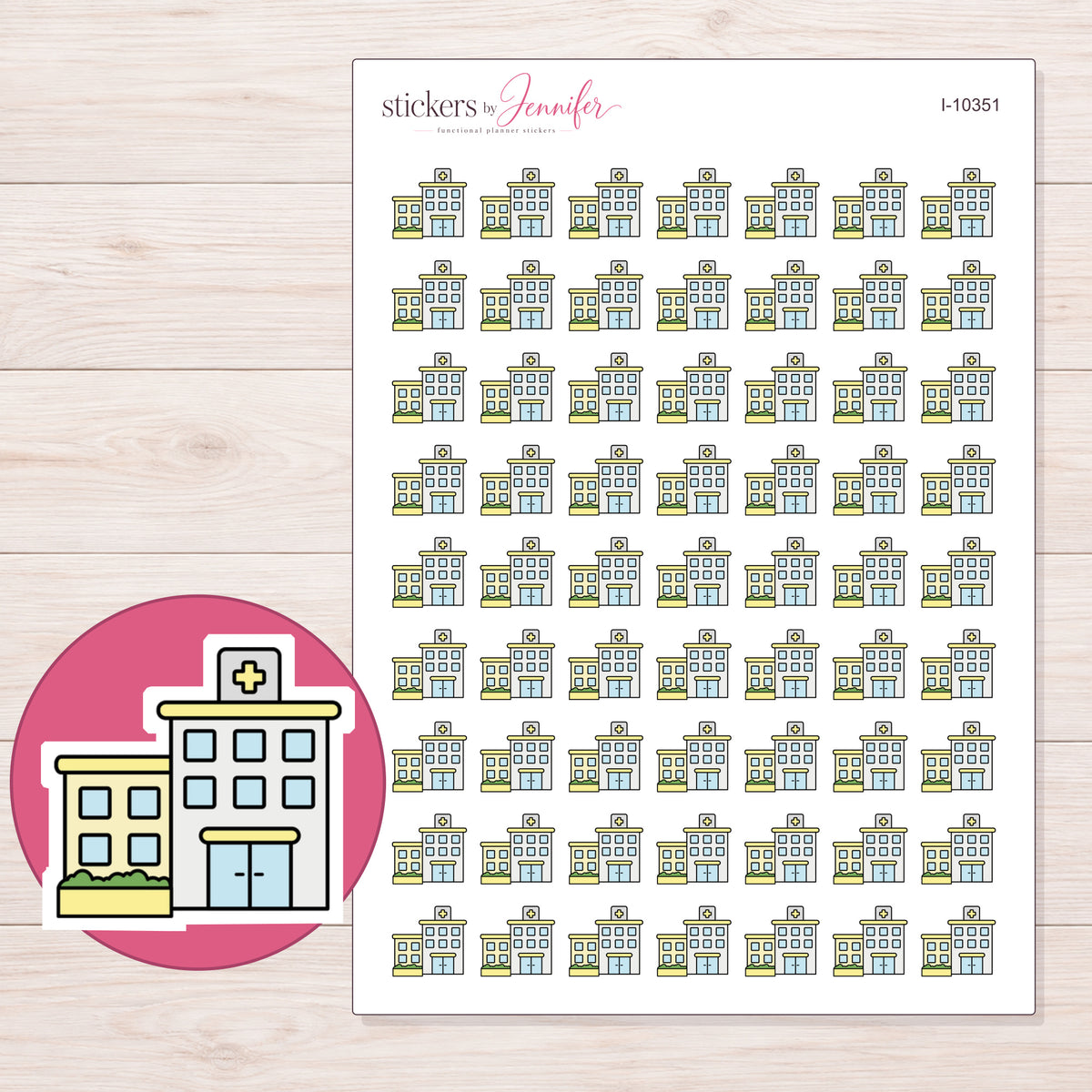 Yellow Hospital Planner Stickers | I-10351 — 5 × 7 inch sheet and enlarged sticker detail