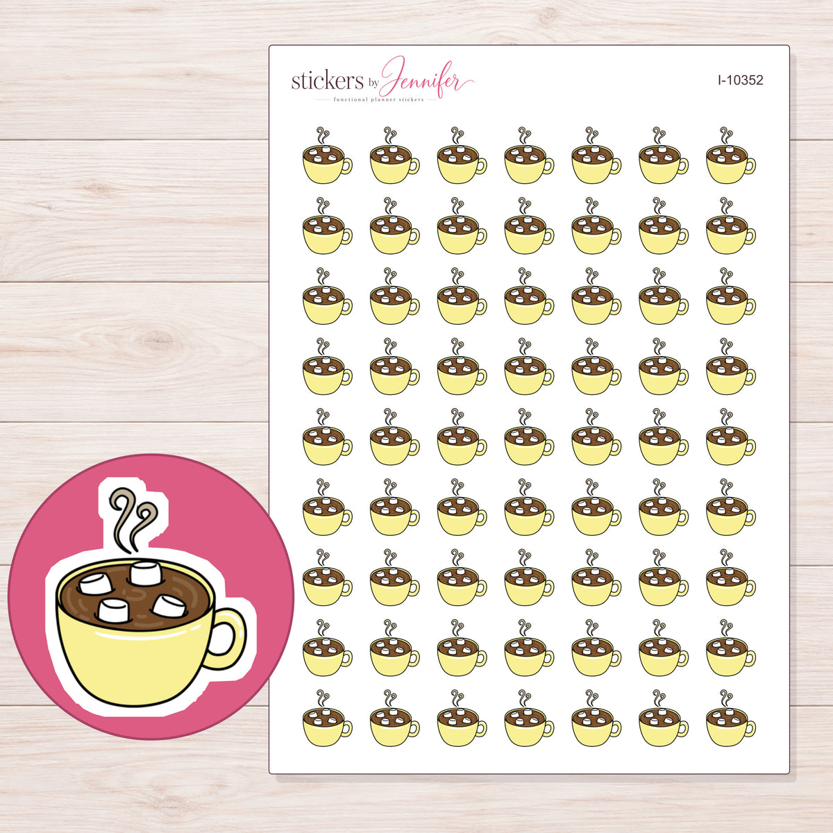 Yellow Hot Chocolate Mug Planner Stickers | I-10352 — 5 × 7 inch sheet and enlarged sticker detail