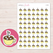 Yellow Hot Chocolate Mug Planner Stickers | I-10352 — 5 × 7 inch sheet and enlarged sticker detail