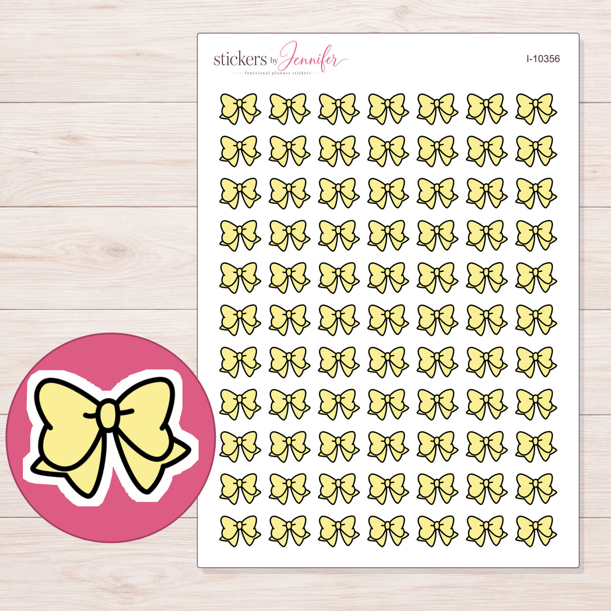 Yellow Bow Planner Stickers | I-10356 — 5 × 7 inch sheet and enlarged sticker detail