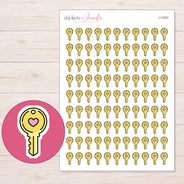 Yellow Heart Key Planner Stickers | I-10357 — 5 × 7 inch sheet and enlarged sticker detail