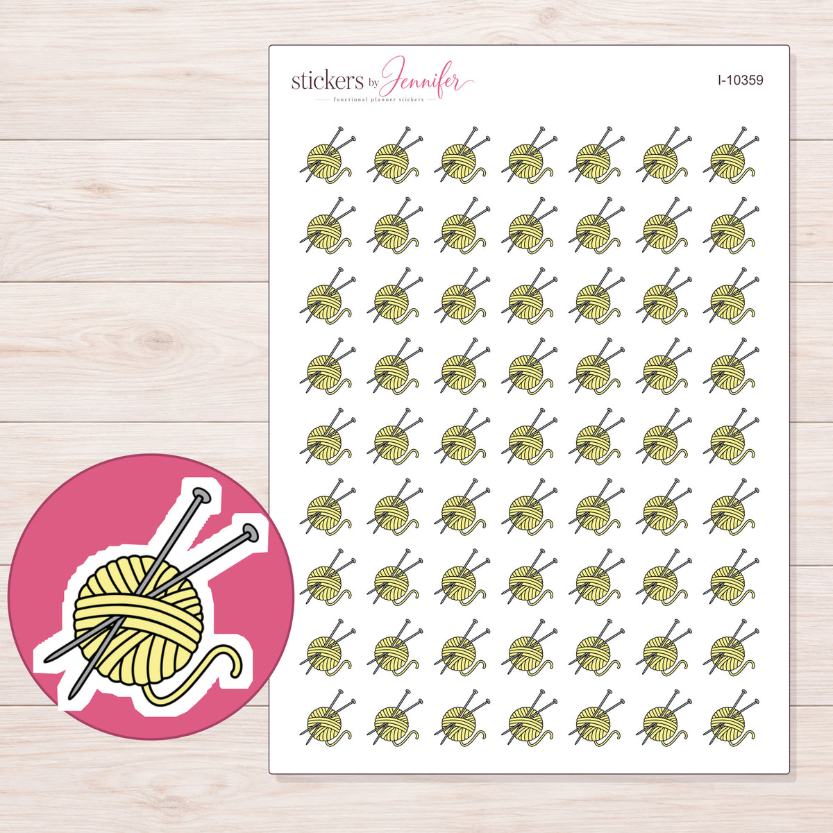 Yellow Yarn and Needles Planner Stickers | I-10359 — 5 × 7 inch sheet and enlarged sticker detail