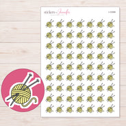 Yellow Yarn and Needles Planner Stickers | I-10359 — 5 × 7 inch sheet and enlarged sticker detail