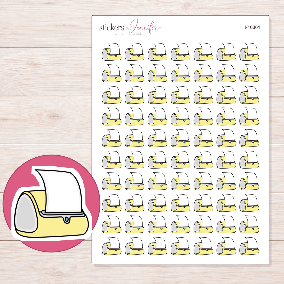 Yellow Label Printer Planner Stickers | I-10361 — 5 × 7 inch sheet and enlarged sticker detail