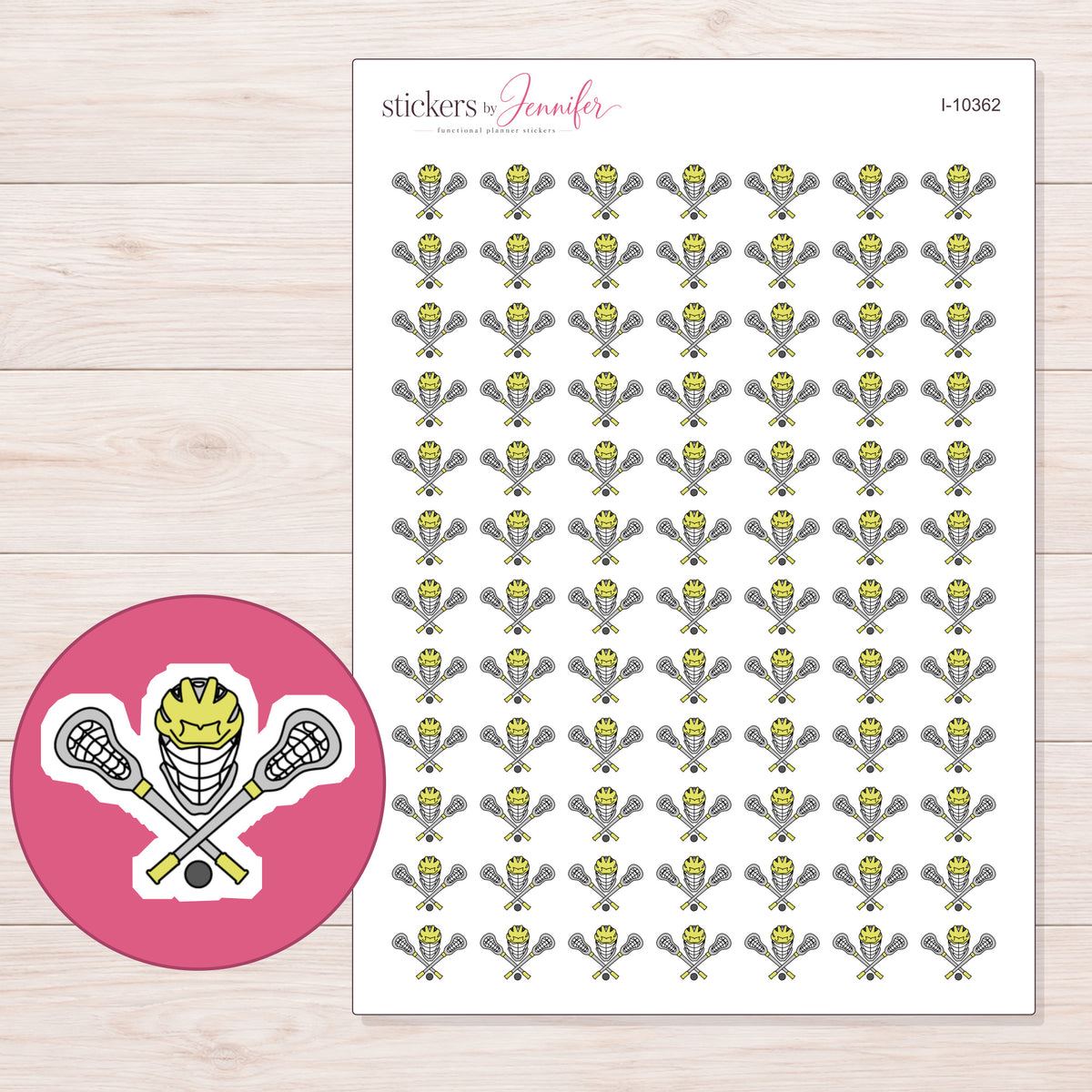 Lacrosse Equipment Planner Stickers | I-10362 — 5 × 7 inch sheet and enlarged sticker detail