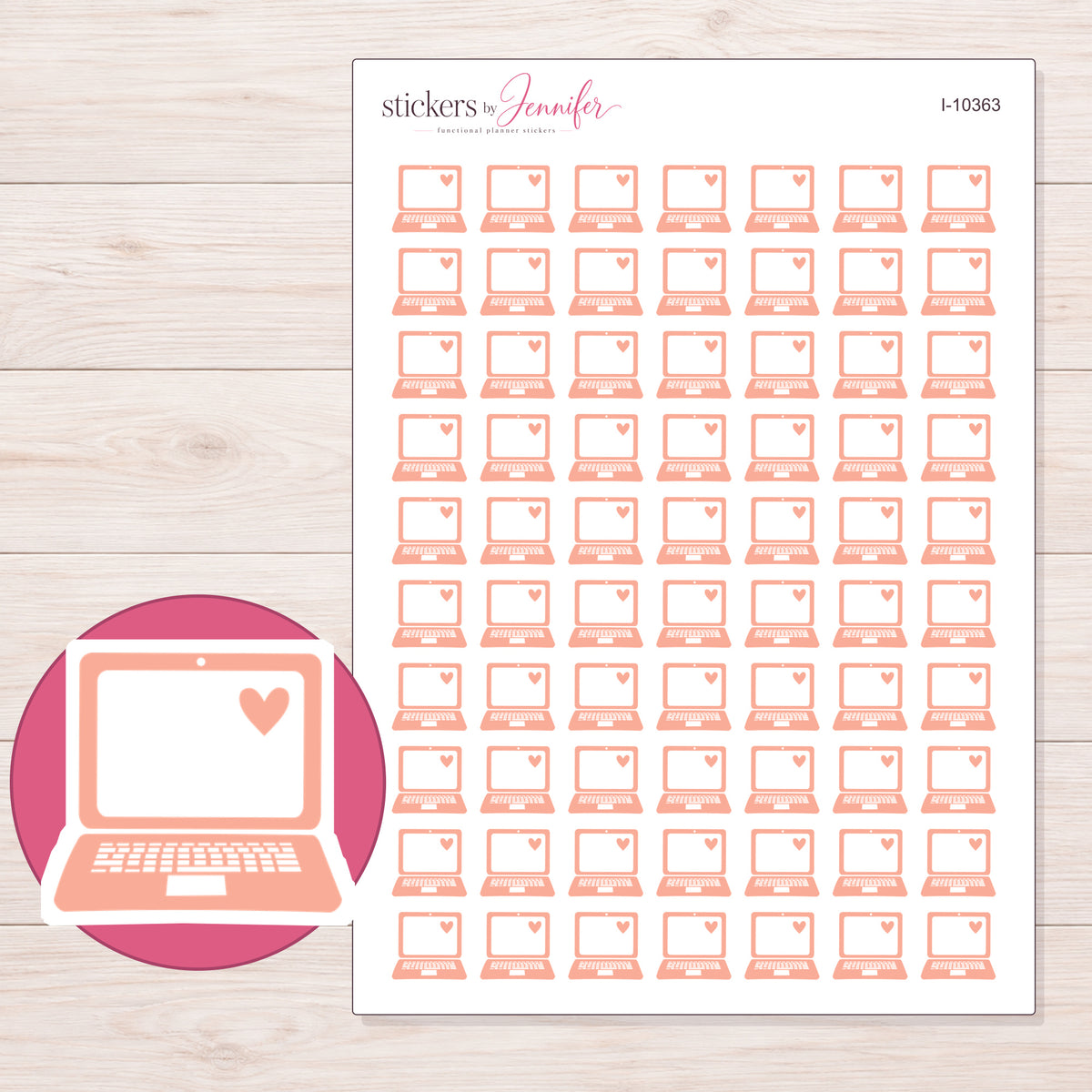 Peach Heart Laptop Planner Stickers | I-10363 — 5 × 7 inch sheet and enlarged sticker detail