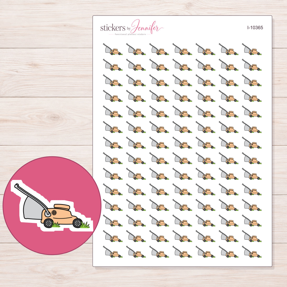 Peach Lawn Mower Planner Stickers | I-10365 — 5 × 7 inch sheet and enlarged sticker detail