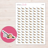 Peach Lawn Mower Planner Stickers | I-10365 — 5 × 7 inch sheet and enlarged sticker detail