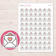 Heart Mail Envelope Planner Stickers | I-10371 — 5 × 7 inch sheet and enlarged sticker detail