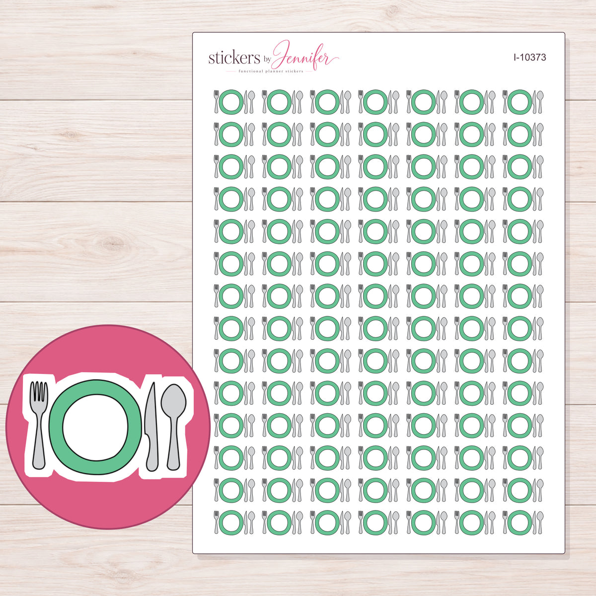 Green Meal Place Setting Planner Stickers | I-10373 — 5 × 7 inch sheet and enlarged sticker detail