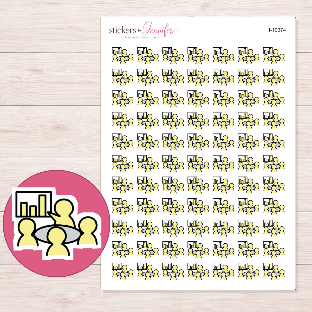 Yellow Meeting Planner Stickers | I-10374 — 5 × 7 inch sheet and enlarged sticker detail