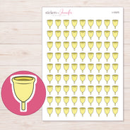 Yellow Menstrual Cup Planner Stickers | I-10375 — 5 × 7 inch sheet and enlarged sticker detail