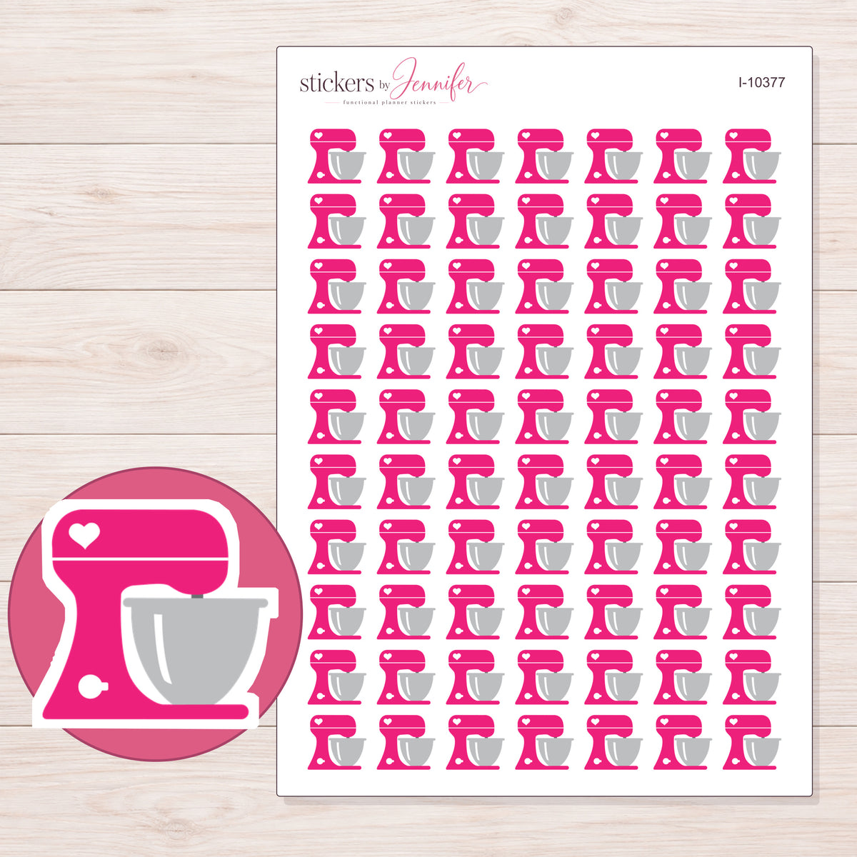 Pink Heart Stand Mixer Planner Stickers | I-10377 — 5 × 7 inch sheet and enlarged sticker detail