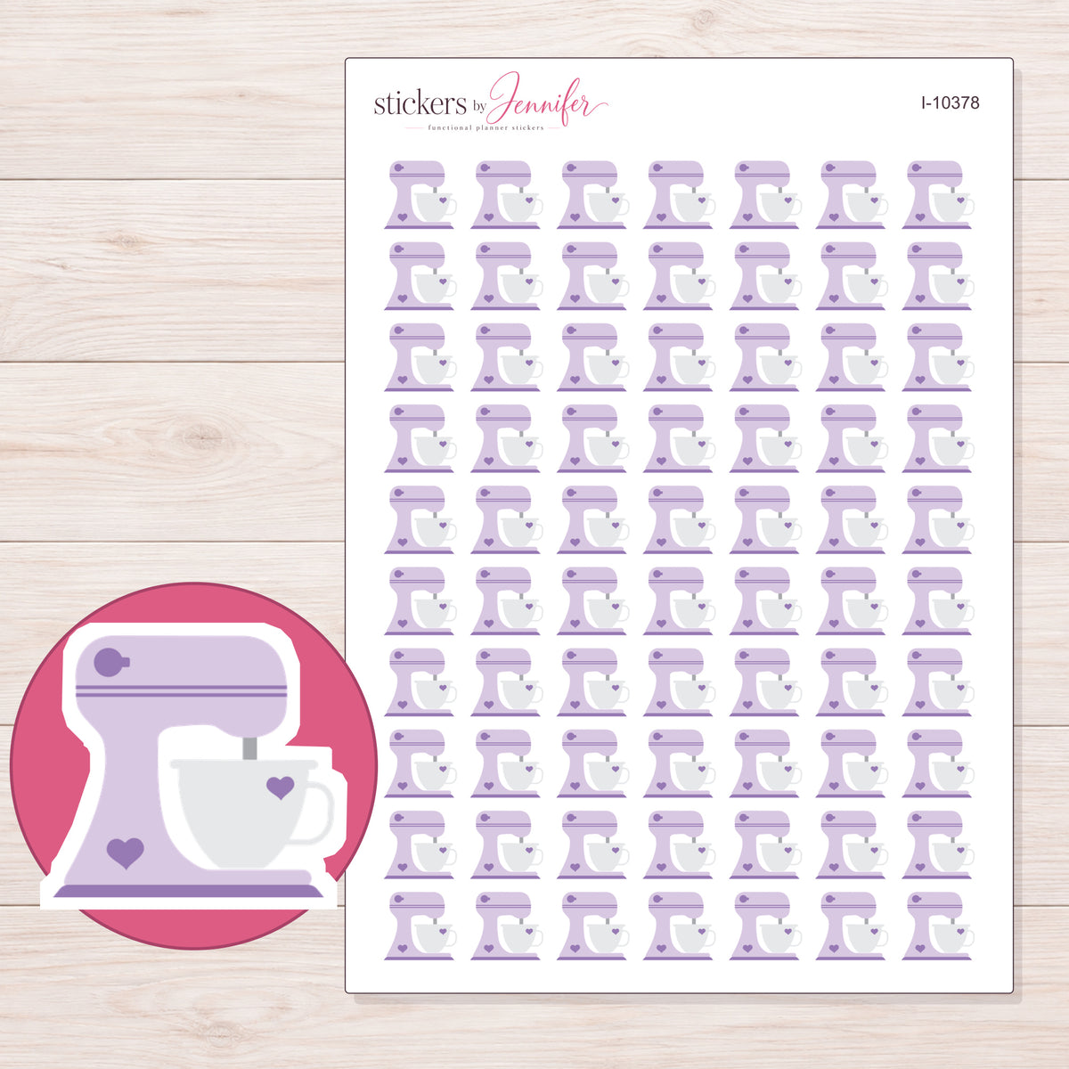 Lavender Stand Mixer Planner Stickers | I-10378 — 5 × 7 inch sheet and enlarged sticker detail