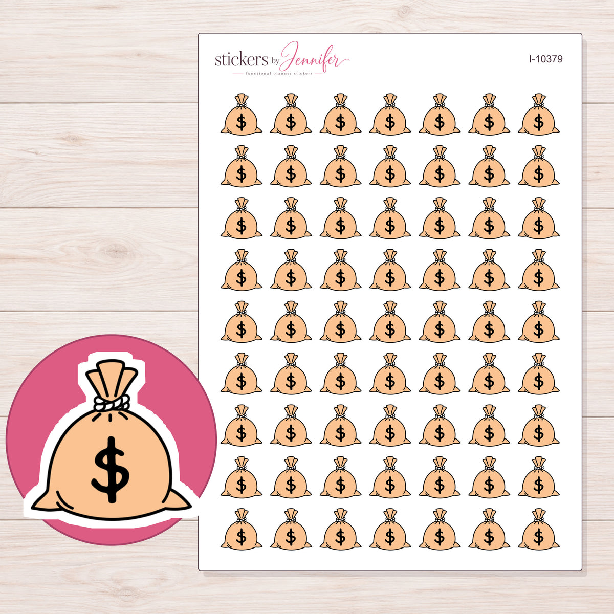 Peach Money Bag Planner Stickers | I-10379 — 5 × 7 inch sheet and enlarged sticker detail