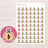 Peach Money Bag Planner Stickers | I-10379 — 5 × 7 inch sheet and enlarged sticker detail