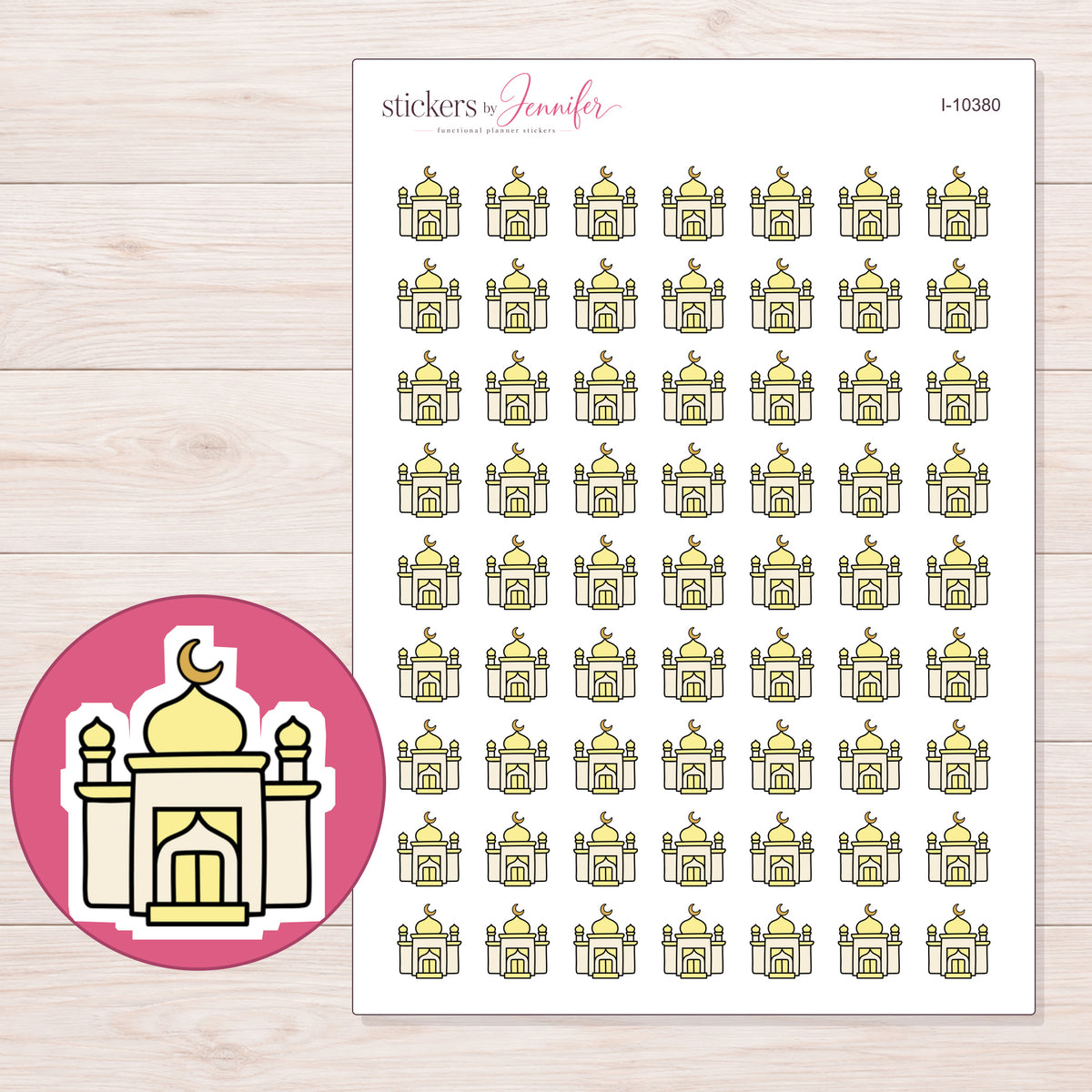 Yellow Mosque Planner Stickers | I-10380 — 5 × 7 inch sheet and enlarged sticker detail