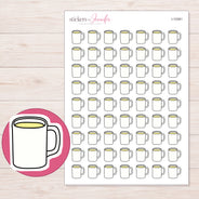 White Drink Mug Planner Stickers | I-10381 — 5 × 7 inch sheet and enlarged sticker detail