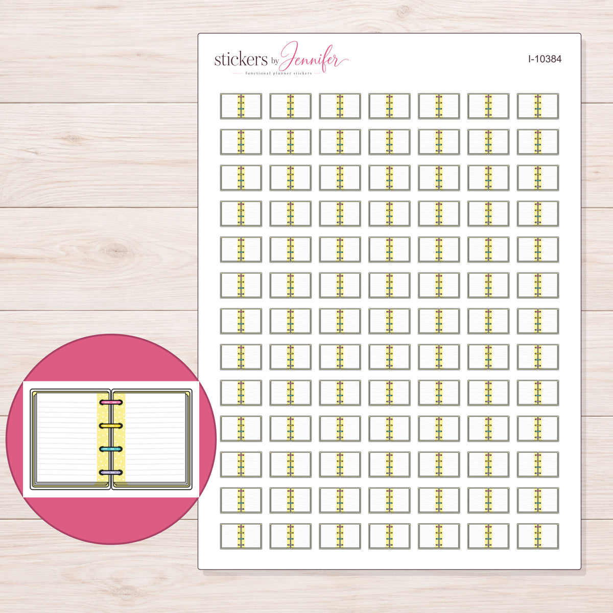 Open Mini Disc Planner Stickers | I-10384 — 5 × 7 inch sheet and enlarged sticker detail