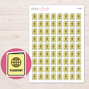 Yellow Passport Planner Stickers | I-10388 — 5 × 7 inch sheet and enlarged sticker detail