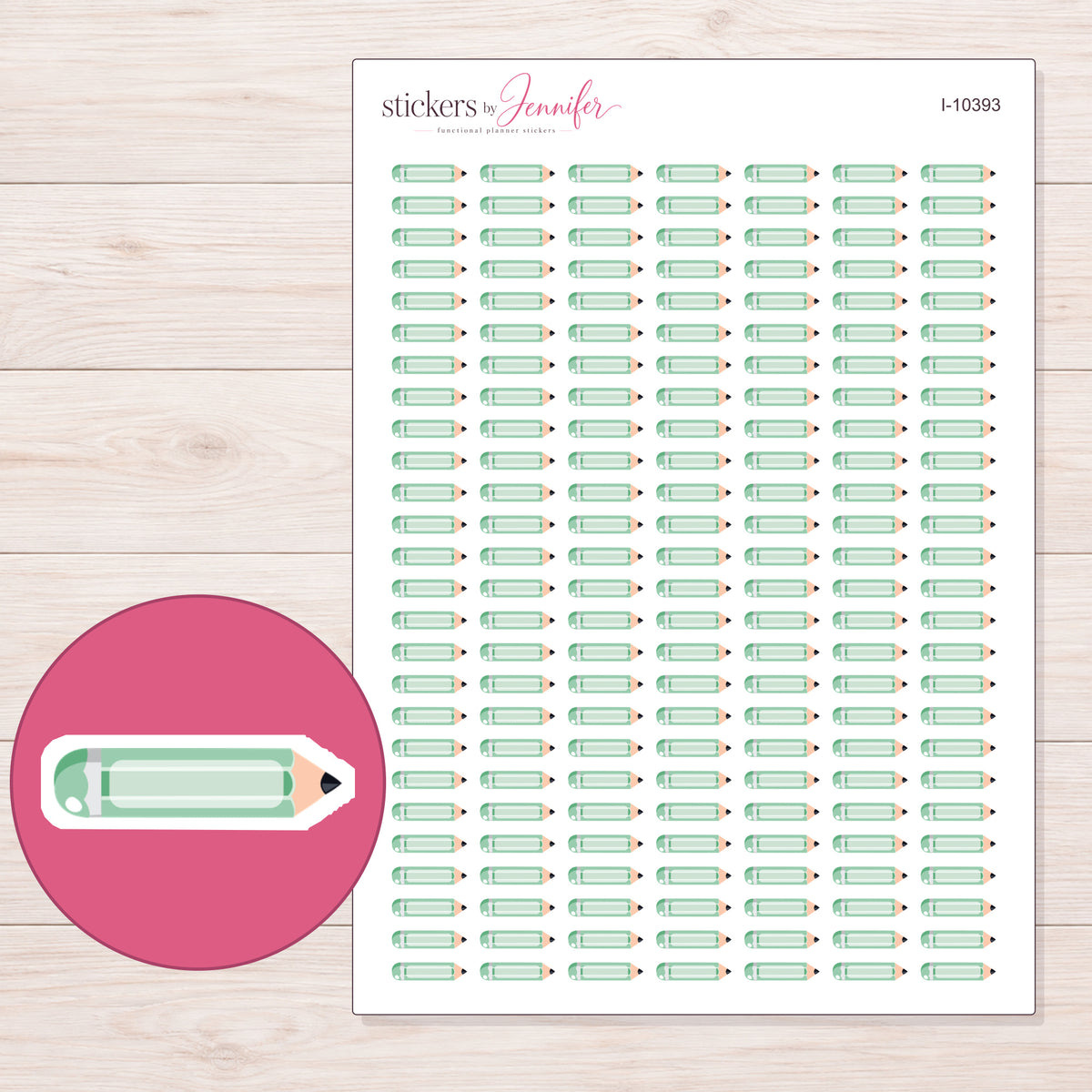 Mint Pencil Planner Stickers | I-10393 — 5 × 7 inch sheet and enlarged sticker detail