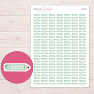 Mint Pencil Planner Stickers | I-10393 — 5 × 7 inch sheet and enlarged sticker detail