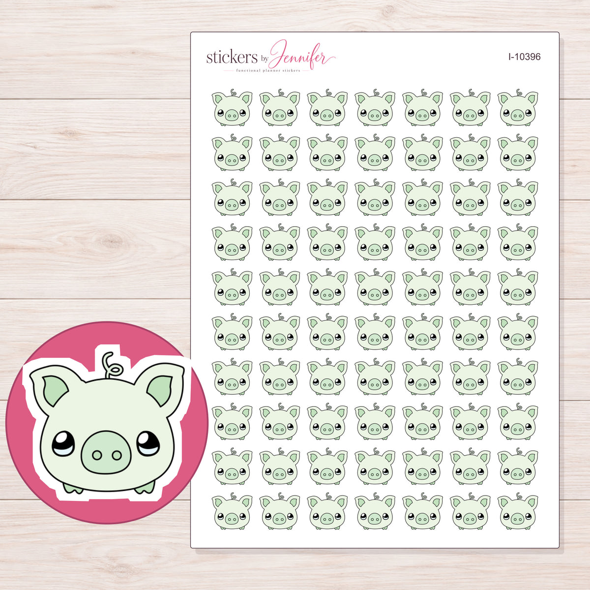 Mint Piggy Bank Planner Stickers | I-10396 — 5 × 7 inch sheet and enlarged sticker detail