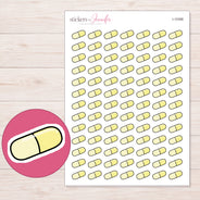 Yellow Capsule Planner Stickers | I-10398 — 5 × 7 inch sheet and enlarged sticker detail
