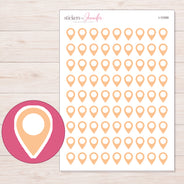 Peach Location Pin Planner Stickers | I-10399 — 5 × 7 inch sheet and enlarged sticker detail